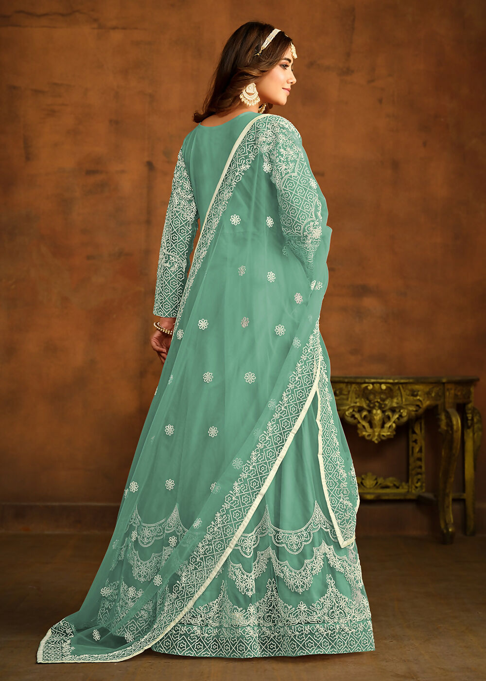 Green All Over Embroidered Net Wedding Anarkali Suit - Emponline