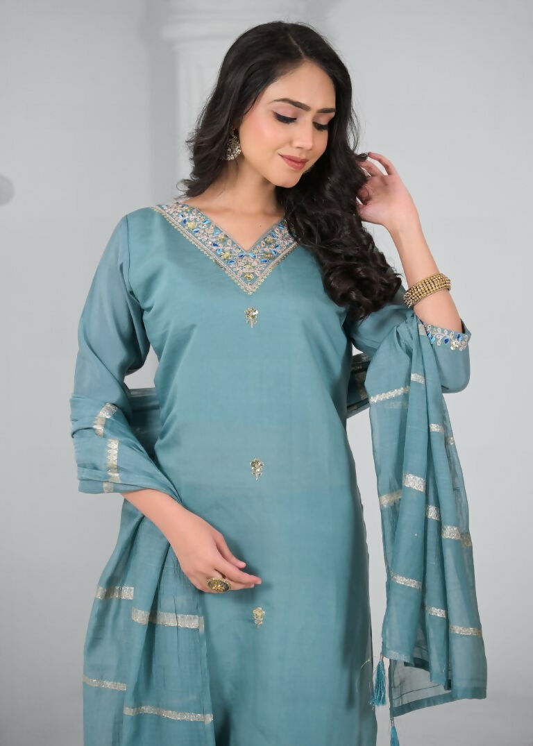 Ethnic Festive Wear Chanderi Tile Stitched Suit With Dupatta - Tanisha
