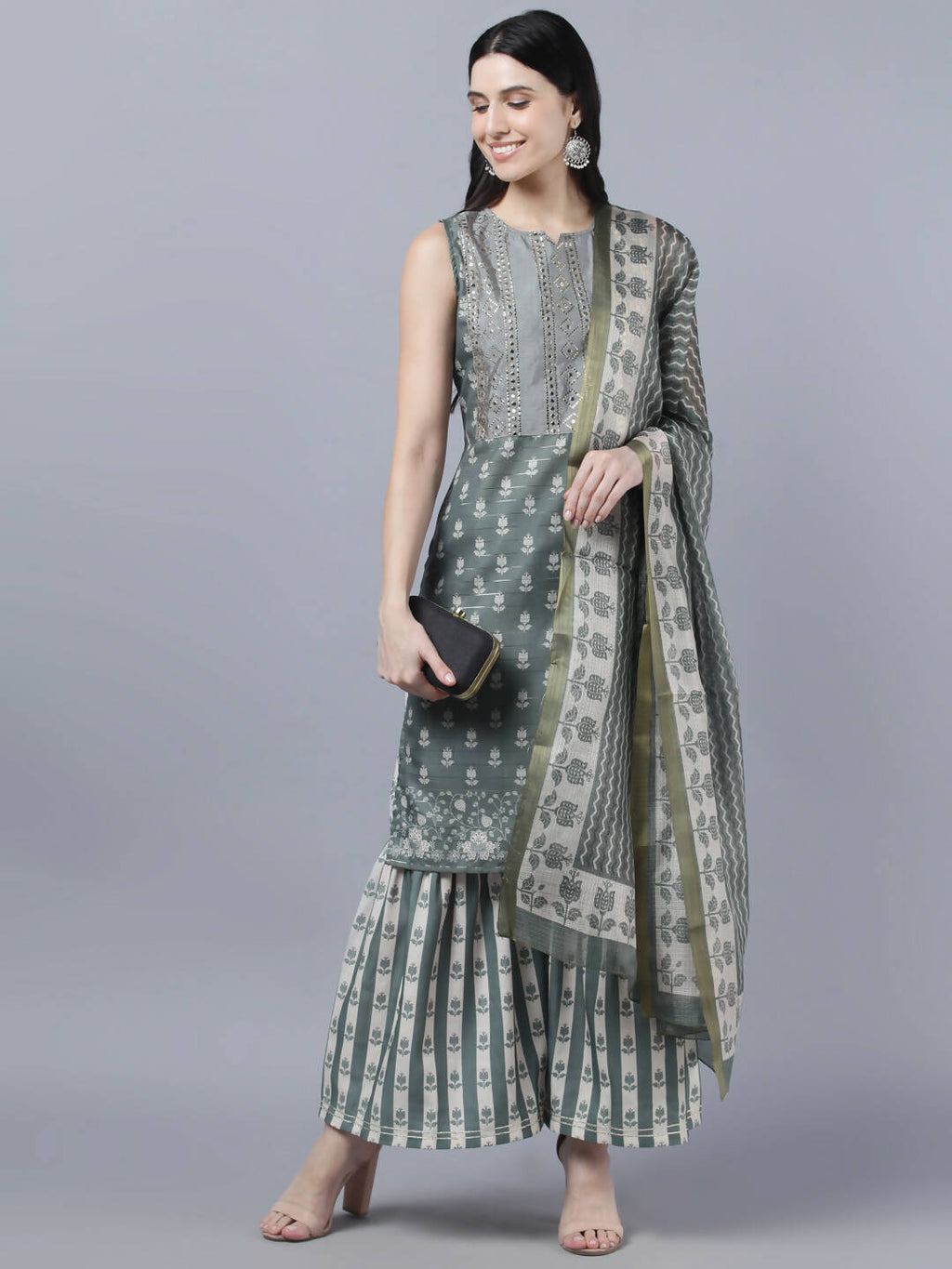 Myshka Women Grey Ethnic Motifs Printed Kurta with Shararas With Dupatta Set