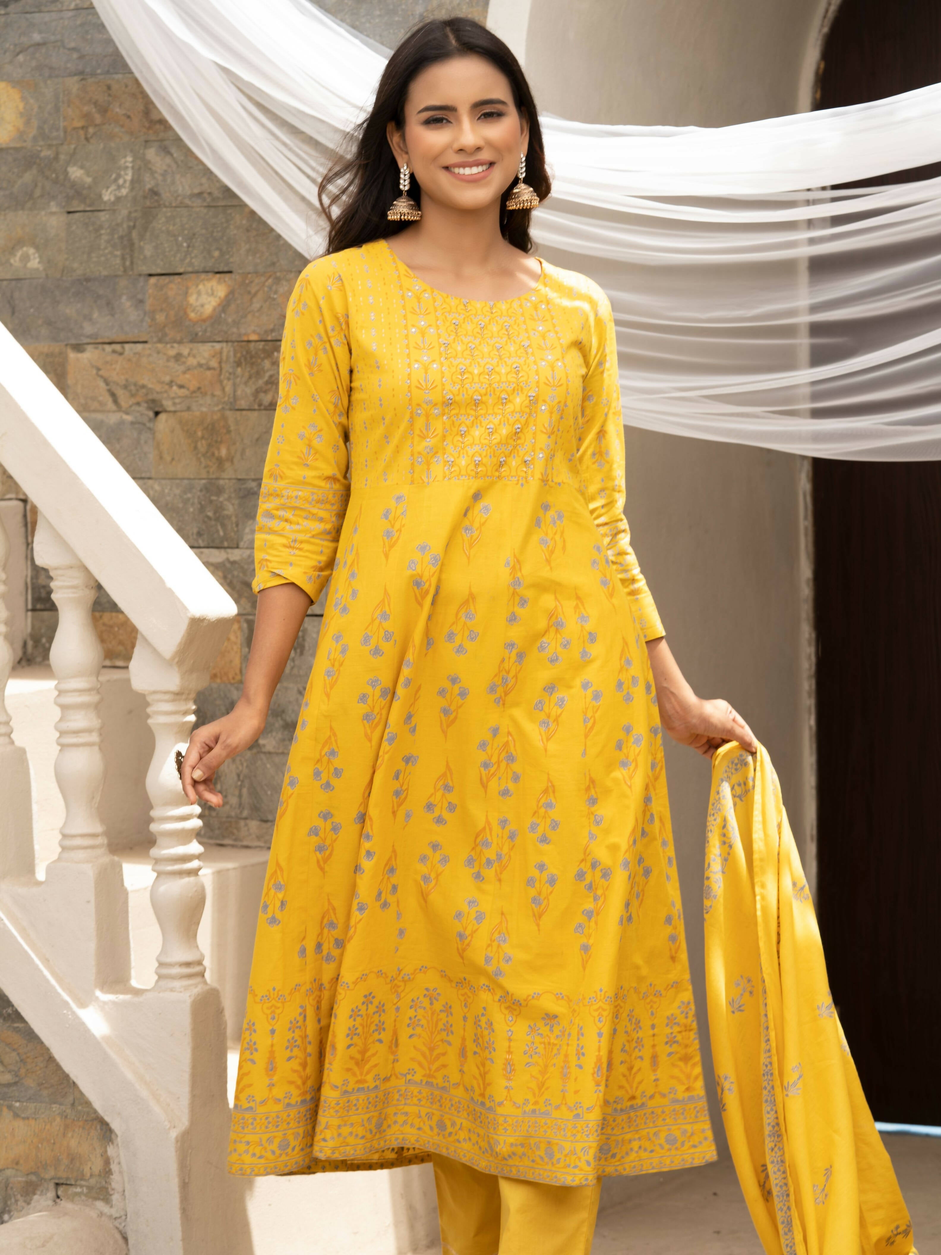 Mustard Cotton Cambric Printed with Sequins work Anarkali Kurta with Pant & Dupatta - Akashara