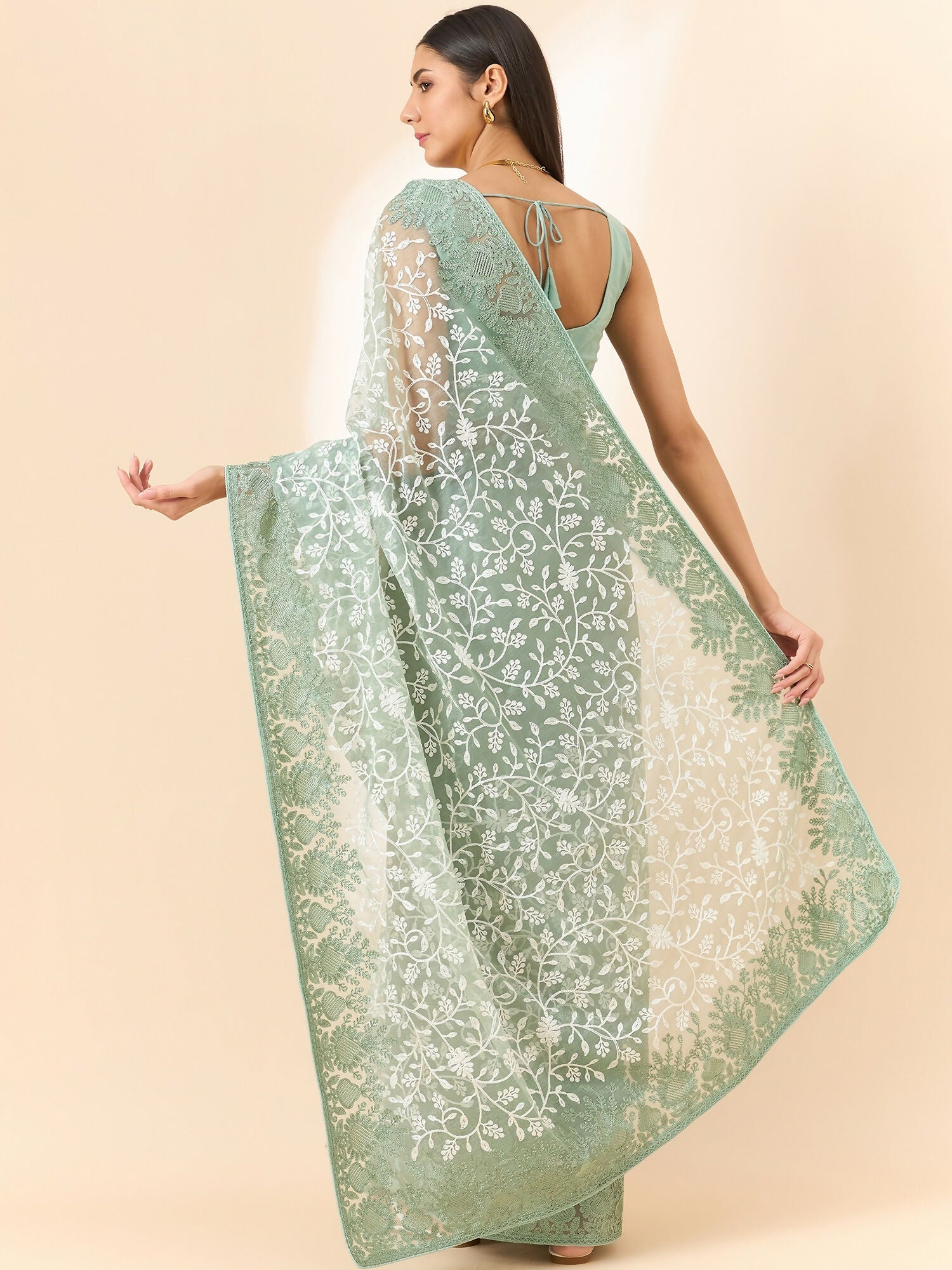 Green Organza Floral Embroidered Saree with Unstitched Blouse Piece - Roozal