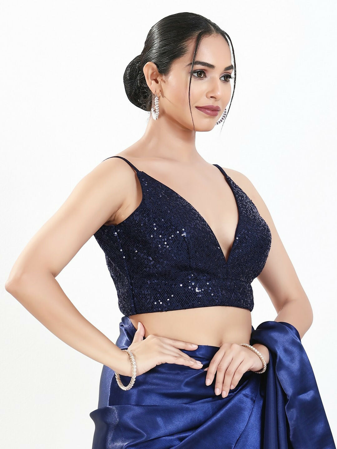 Joban Fashion Navy Blue Sequin Padded Blouse With V Neck Sleeveless
