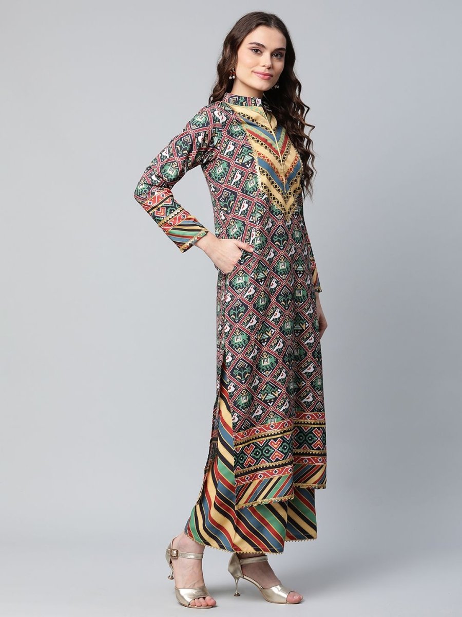Ahalyaa Women's Multi Colour Crepe Digital Patola Printed Kurta Palazzo Set With Dupatta