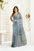 Vastranavya Sea Blue Digital Printed Linen Ready To Wear Designer Saree with Unstitched Blouse