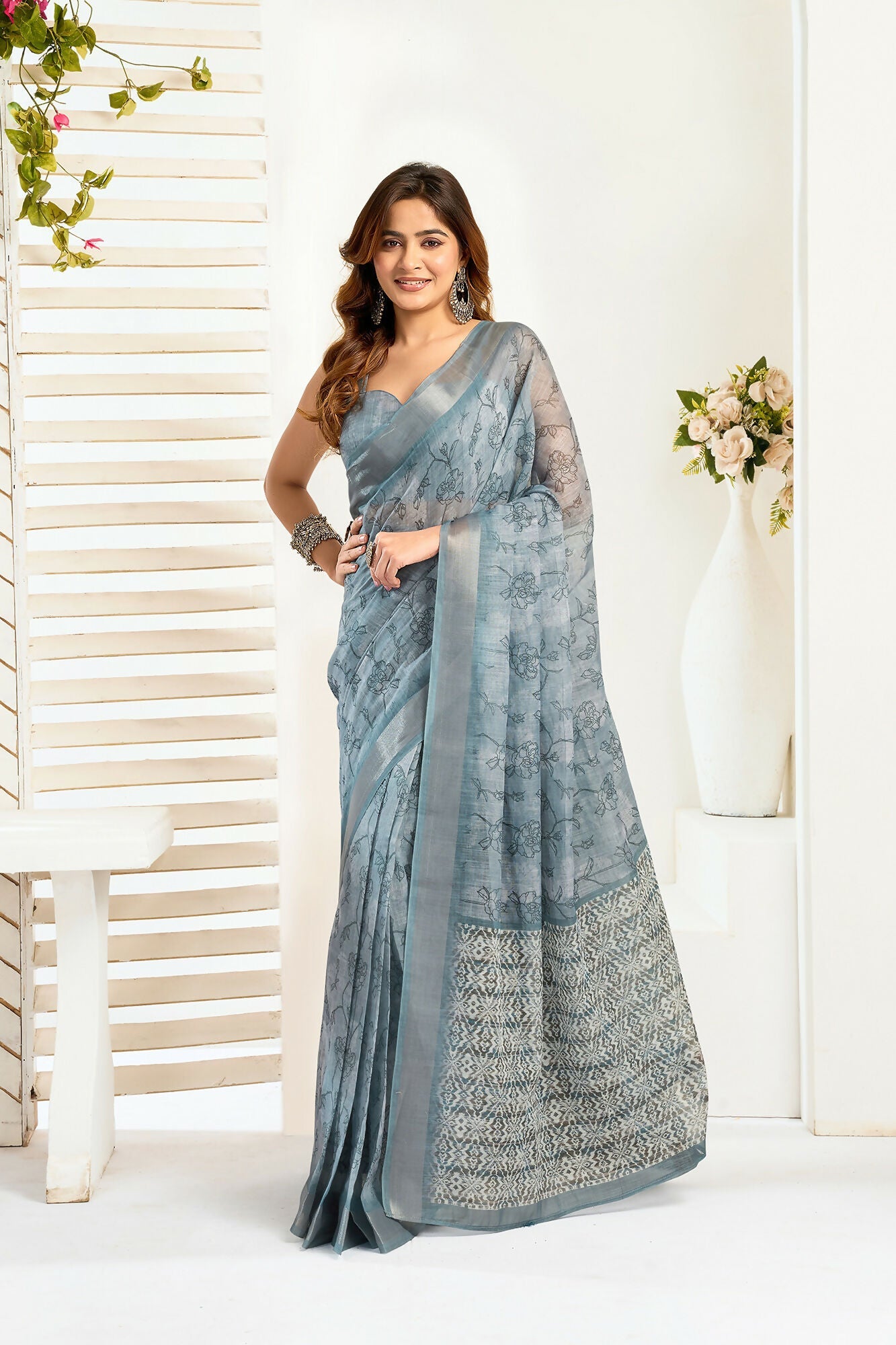 Vastranavya Sea Blue Digital Printed Linen Ready To Wear Designer Saree with Unstitched Blouse