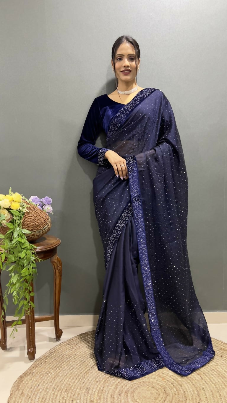 Vastranavya Dark Purple Rangoli Silk Swarovski work Ready to Wear Saree