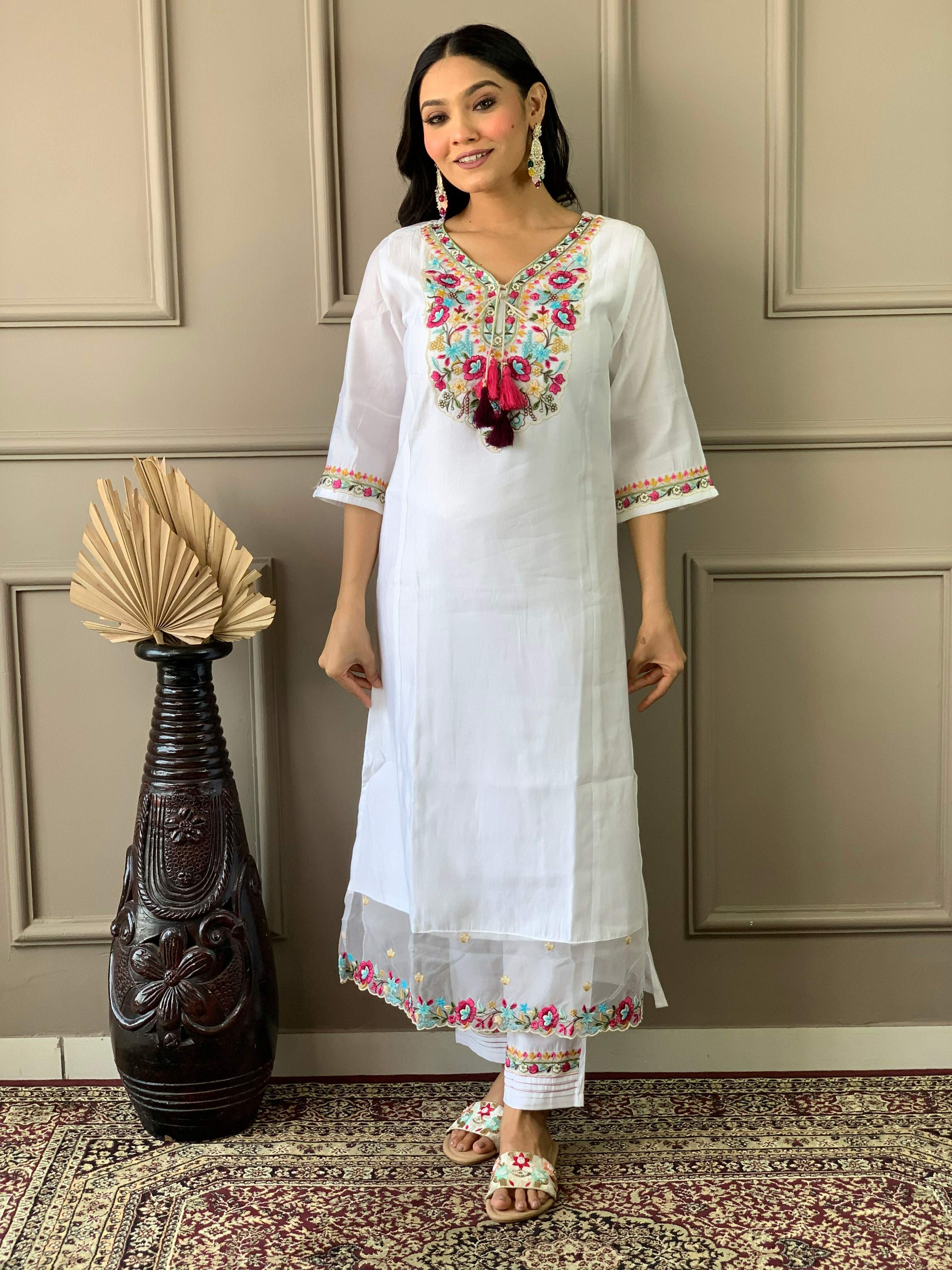 Partywear Designer Chanderi With Cotton Lining White Stitched Suit With Dupatta - Tanisha