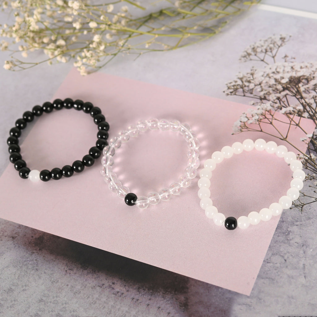 NVR Men & Women Transparent & White & Black Marbel Crystal Elasticated Bracelet