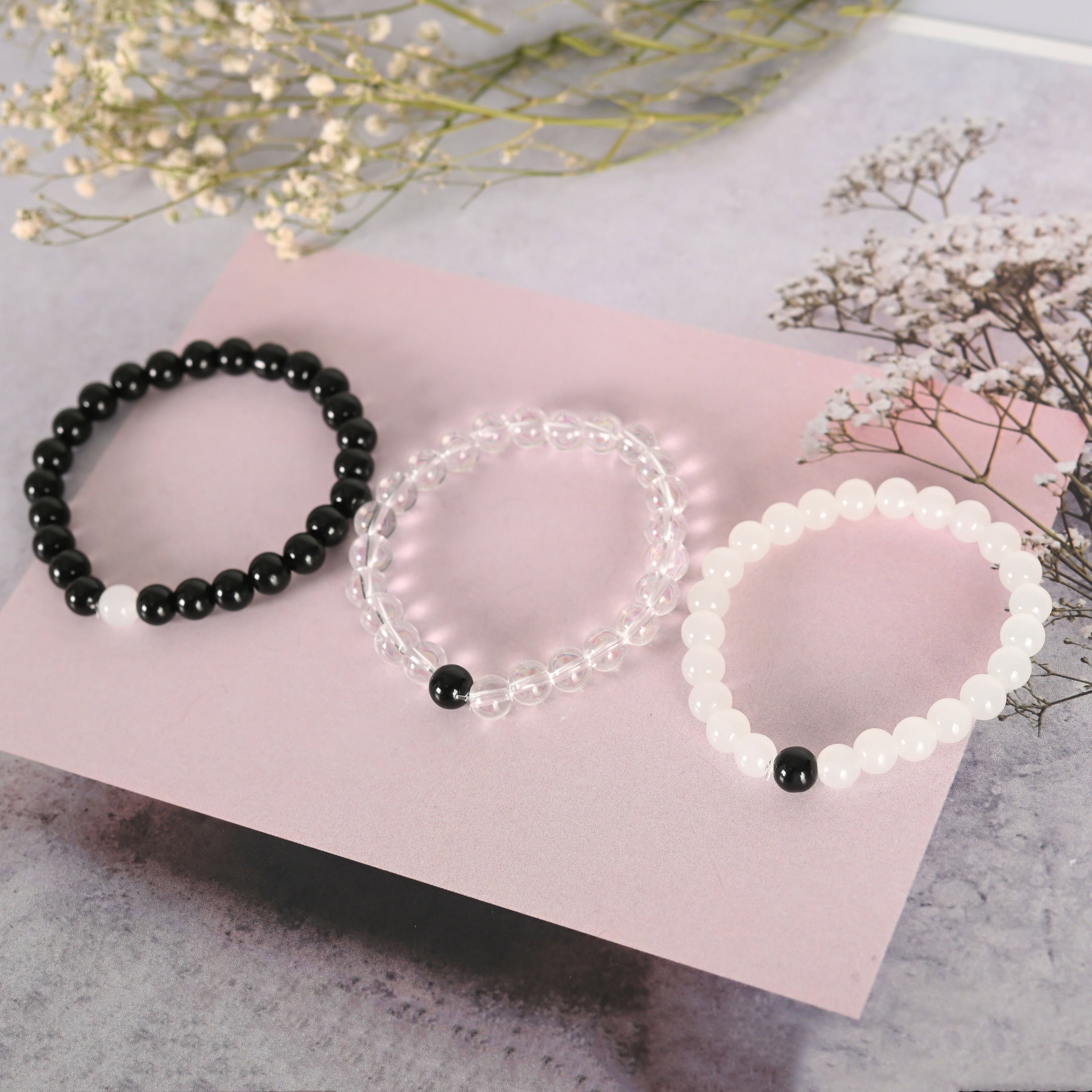 NVR Men & Women Transparent & White & Black Marbel Crystal Elasticated Bracelet