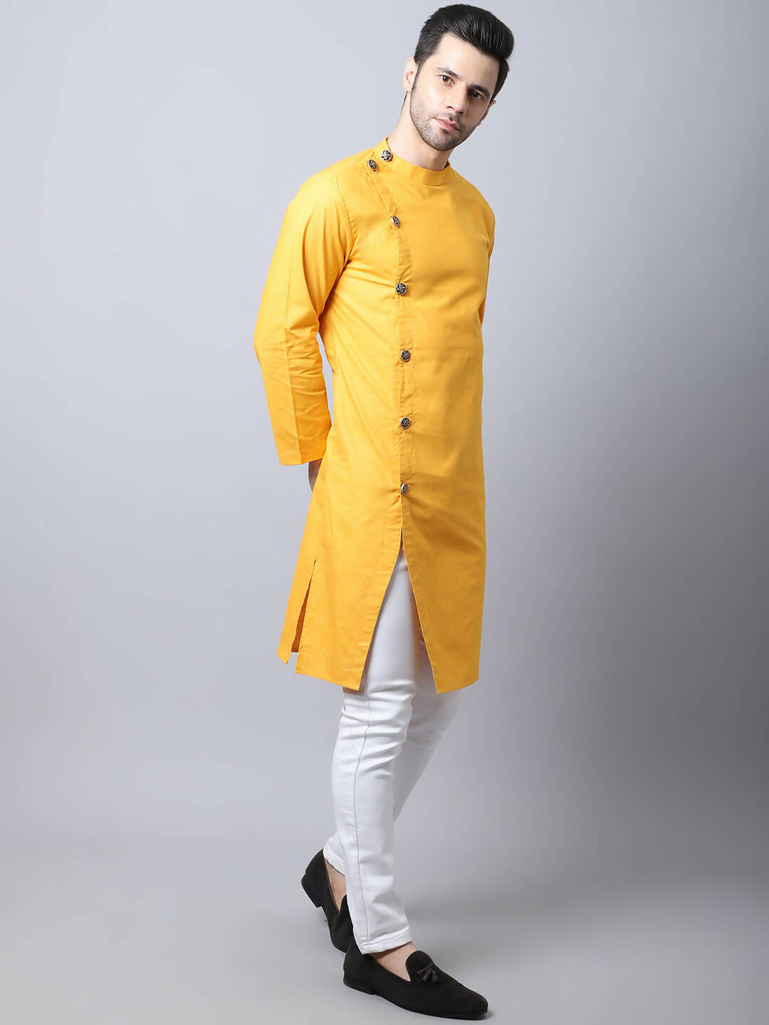 Even Apparels Yellow Pure Cotton Sherwani Kurta With Asymetrical Cut