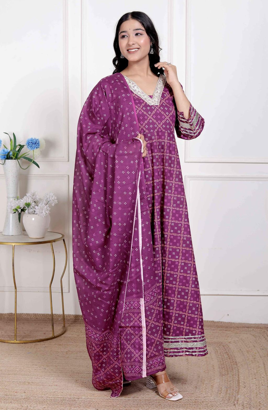 Miravan Women's embroidred Bandhani Ethnic Anarkali Kurta and Dupatta