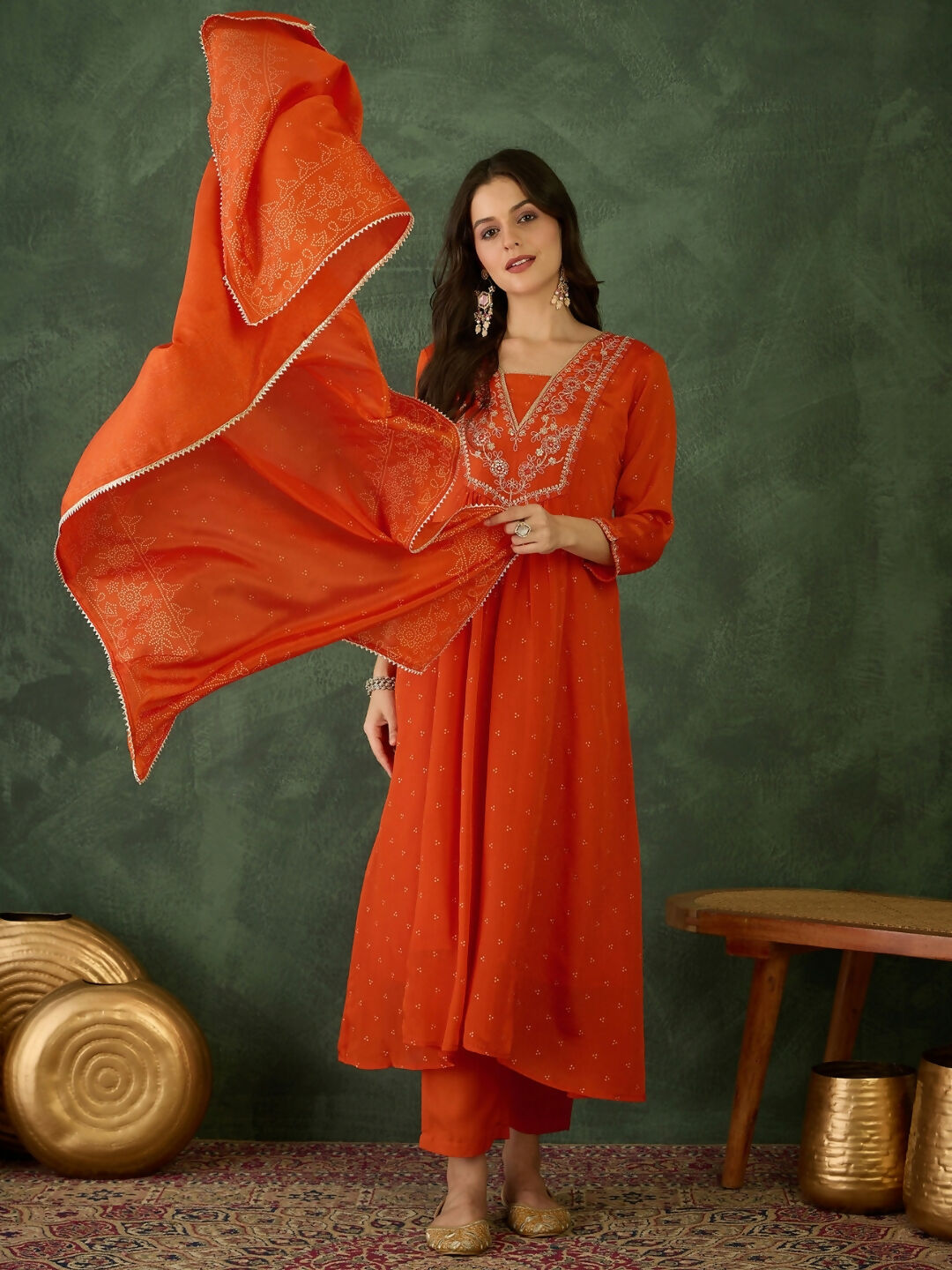 The52 Orange Women's Gorgeous Embroidered Chinon Fabric Flared Kurta Pant and Dupatta Set
