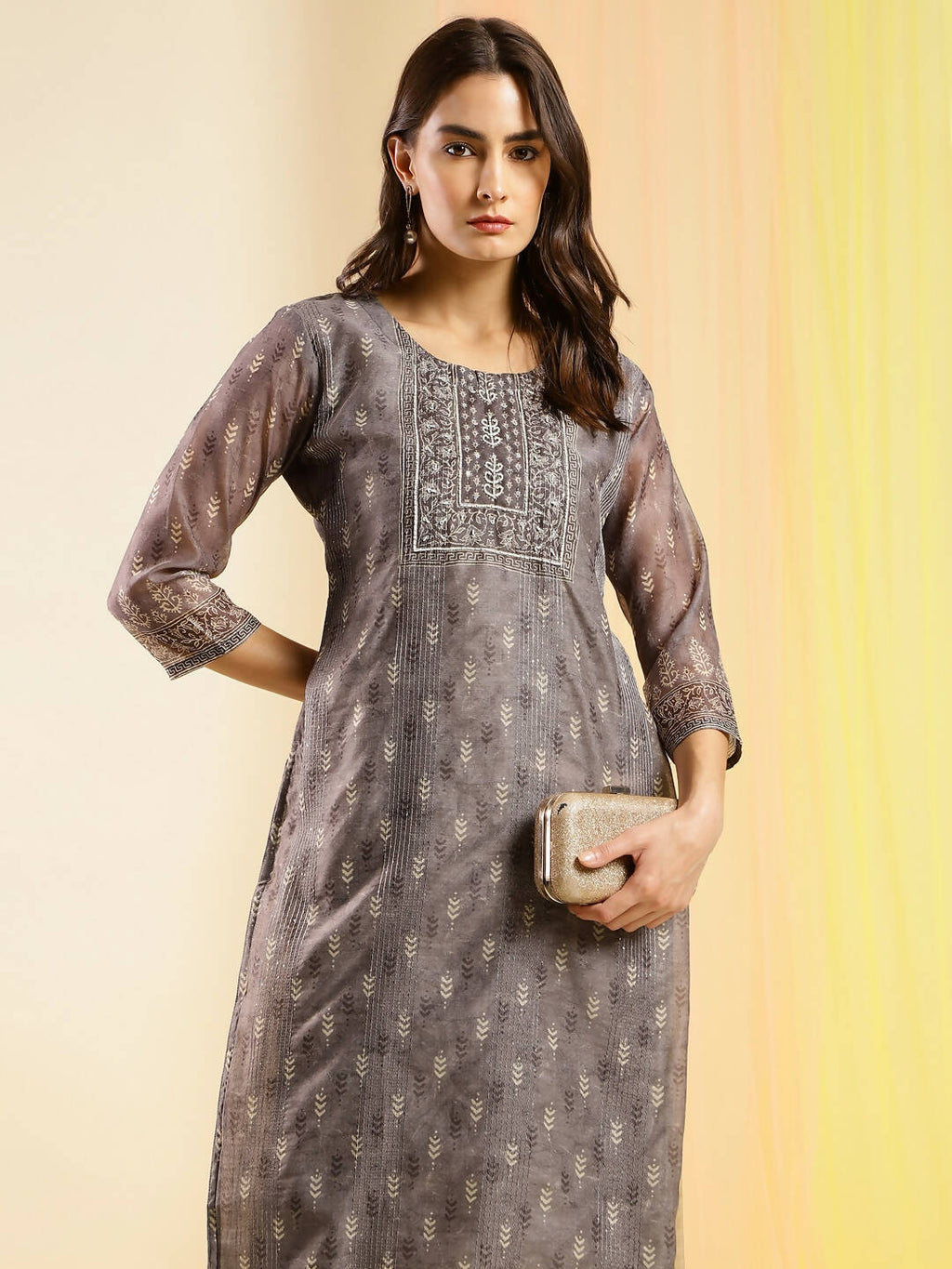 Grey Chinon Digital Printed With Hand Work Kurta - Himanshi
