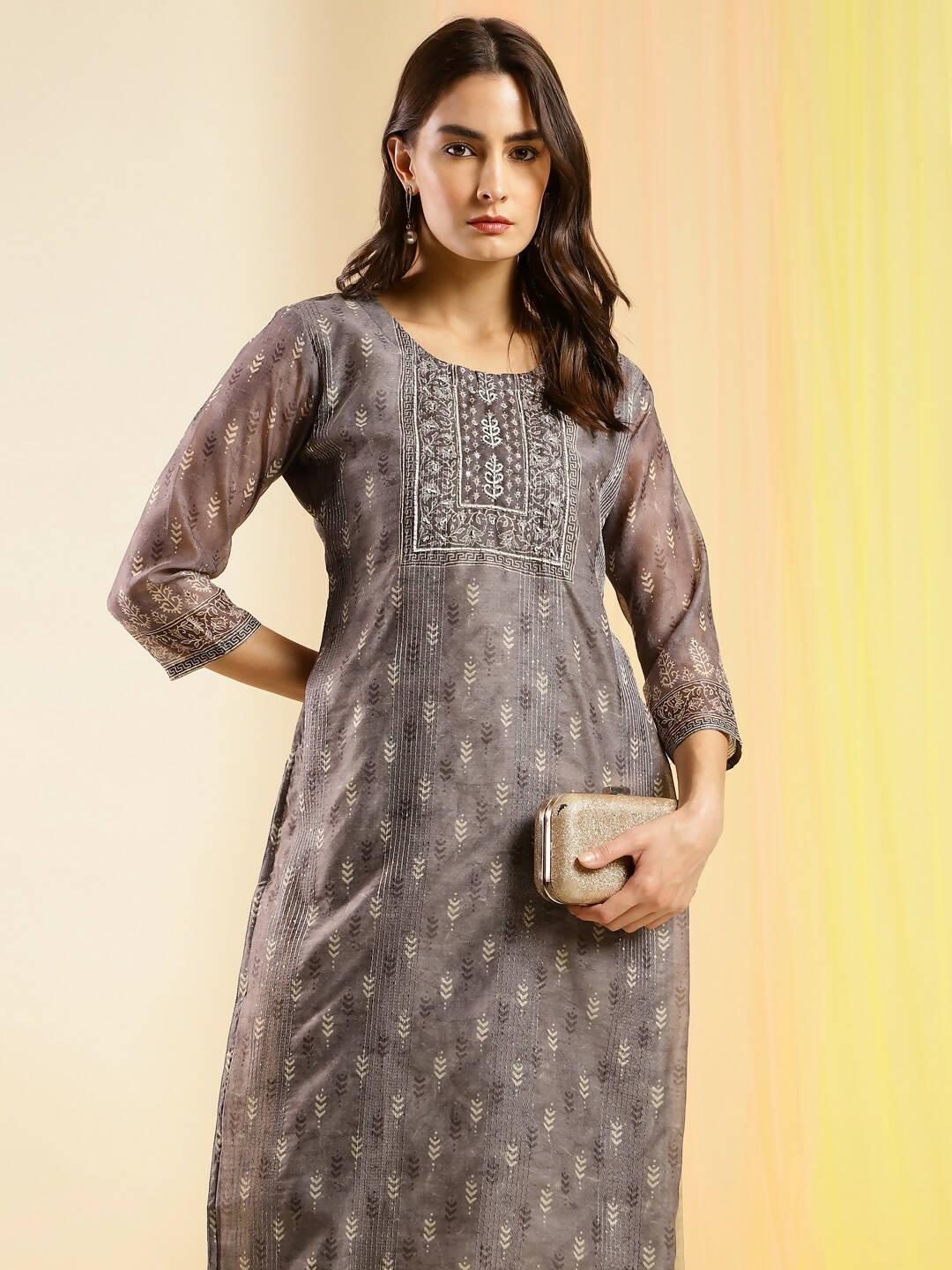 Grey Chinon Digital Printed With Hand Work Kurta - Himanshi