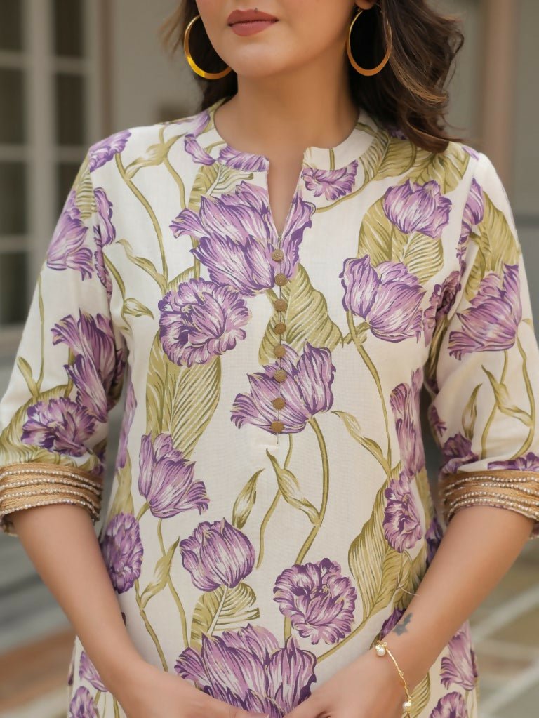 Aramya Straight Linen Cotton Floral Print Women's Kurta - Off White