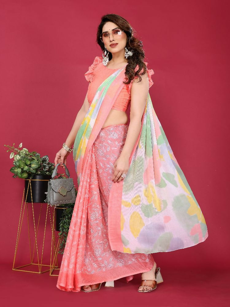 PR Fashion Peach Moss Chiffon Printed Saree
