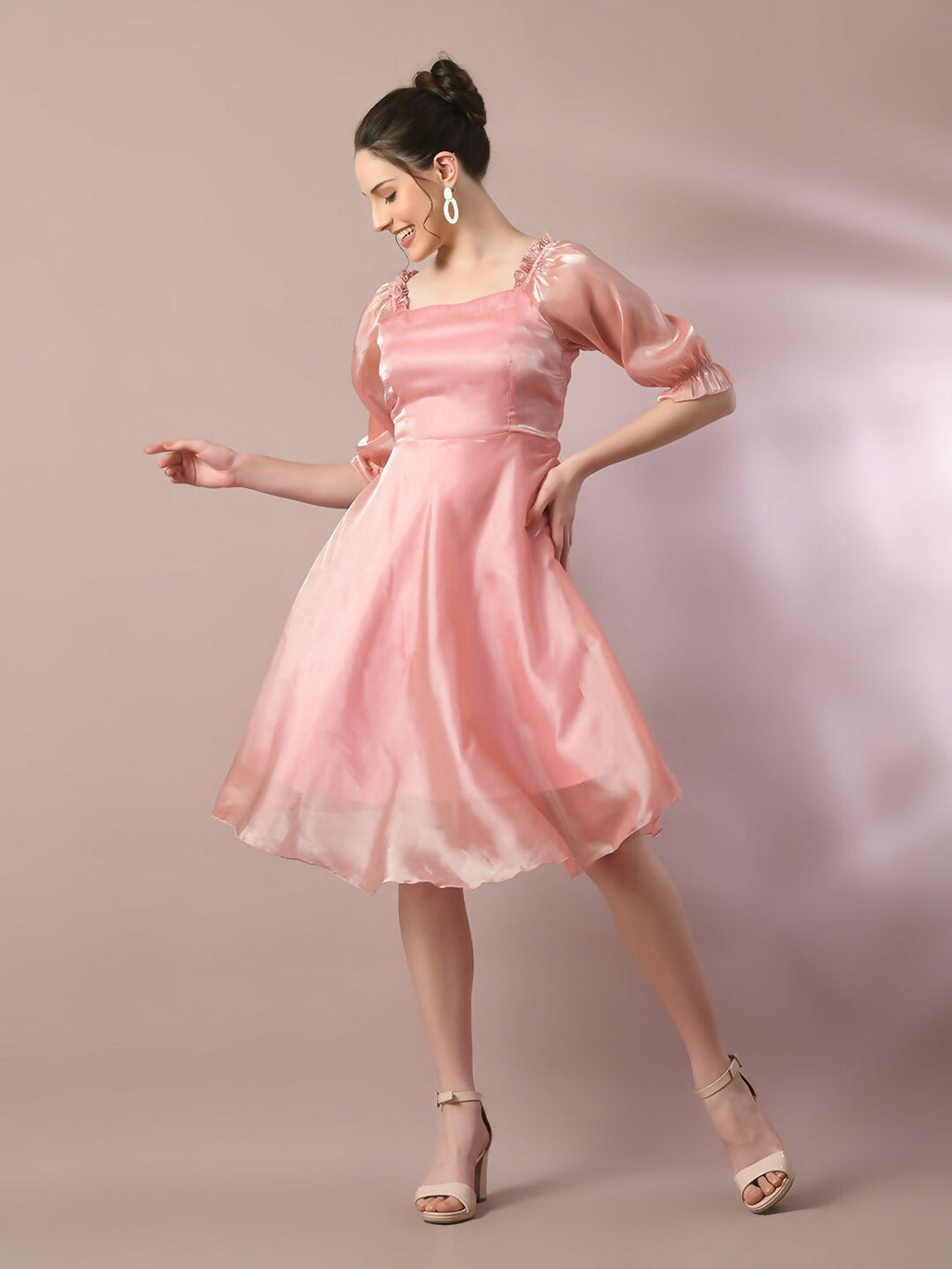Myshka Women's Pink Solid Square Neck Fit and Flare Party Dress