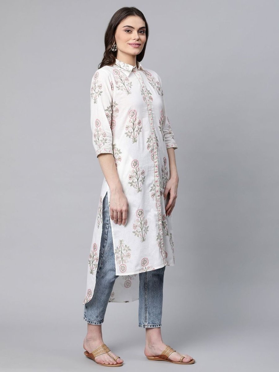 Ahalyaa Women's Off White Pure Cotton Floral Printed Kurta