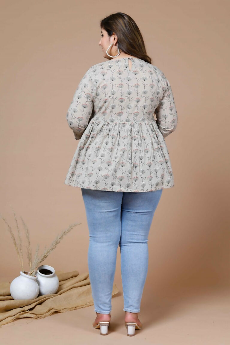 Miravan Women's Beige Plus Size Cotton Floral Printed Short Kurti