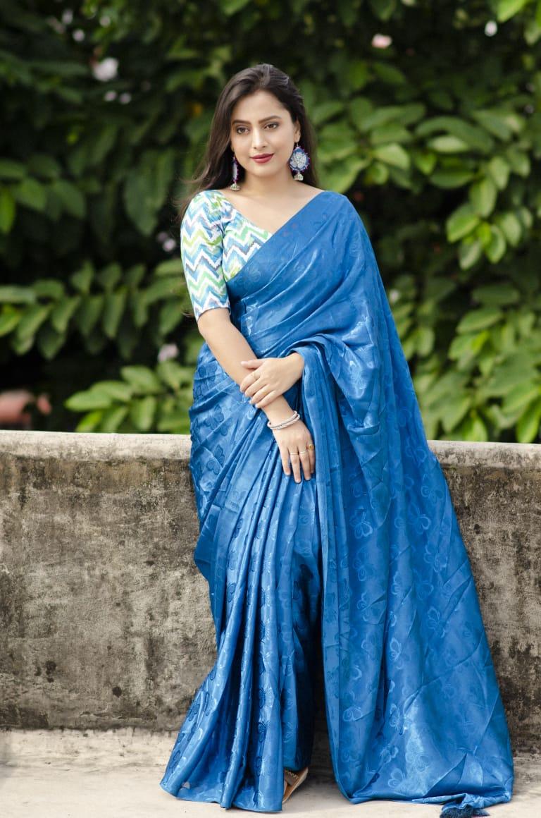 Blue Silk Blend Ethnic Motifs Saree with Unstitched Blouse - Hiral Fashion