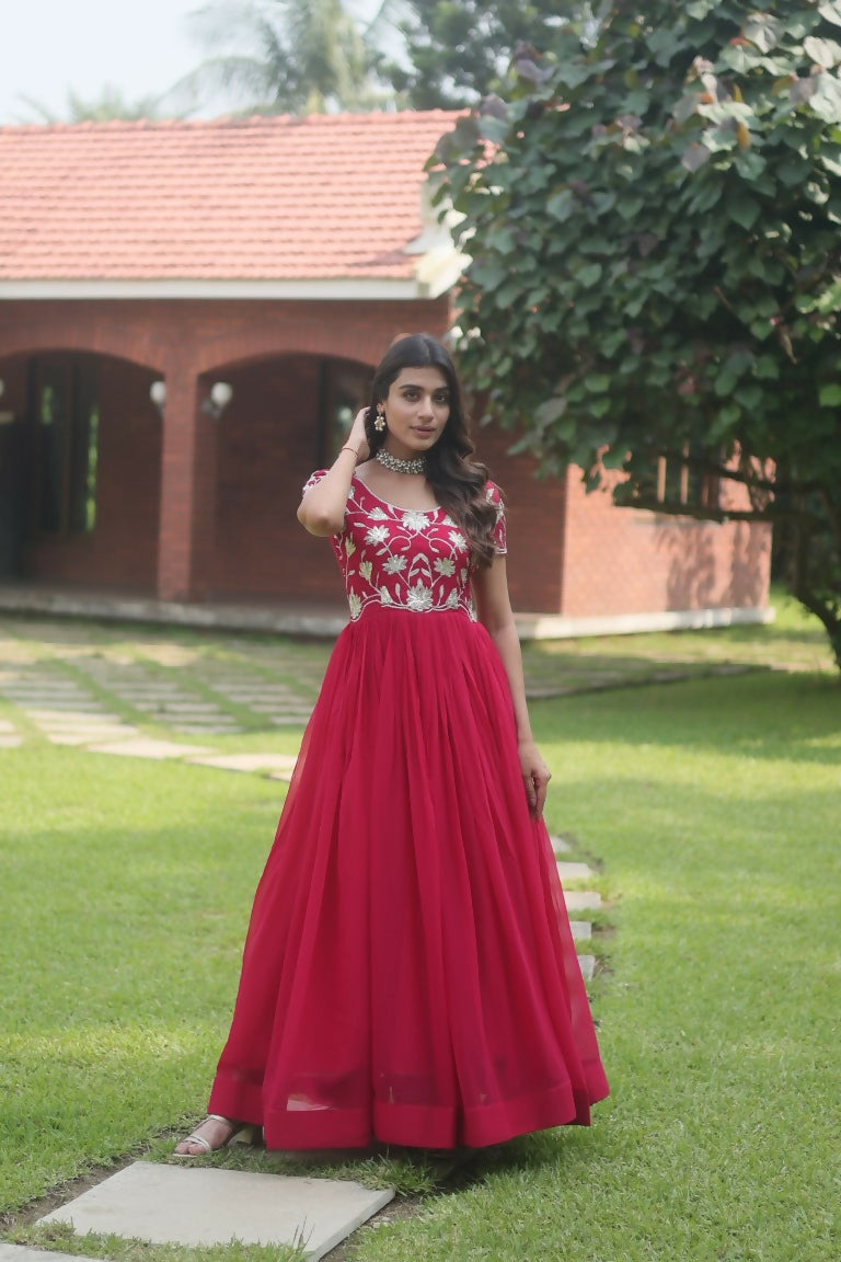 Jyoti Fashion Women's Rani Pink Sequins Embroidered Faux Georgette Anarkali Dress
