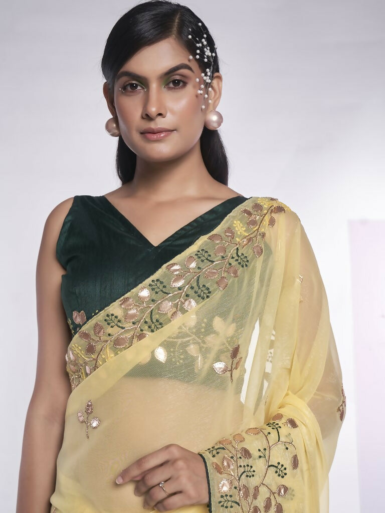 Cream Simmar Heavy Gotta Embroidery Work Saree with Unstitched Blouse - Vandini