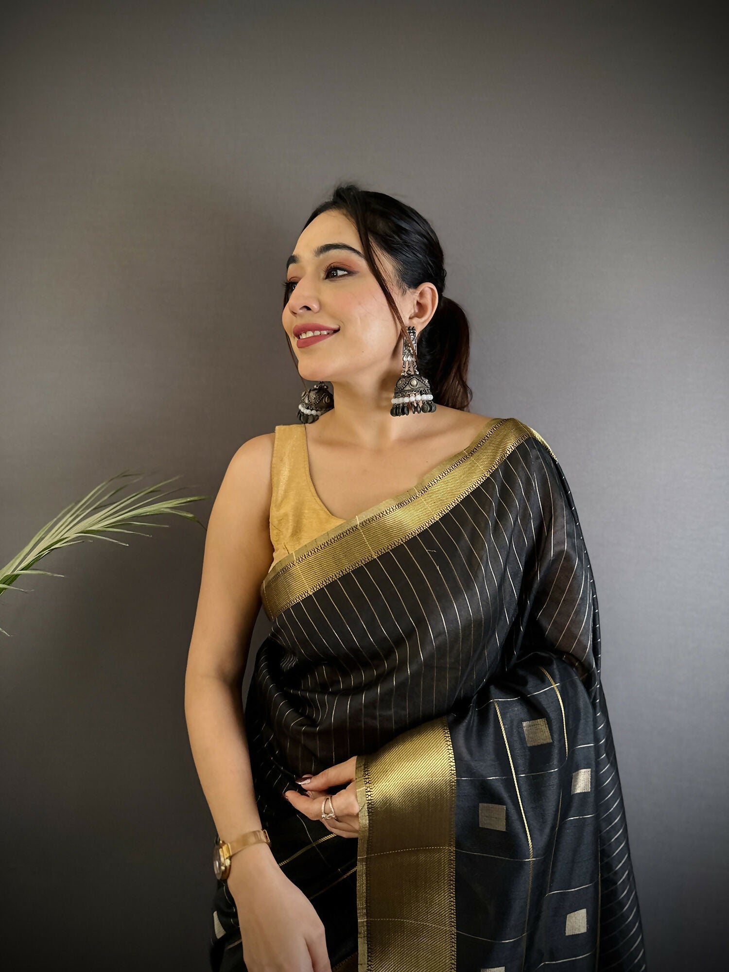 Joban Fashion Black Bhagalpuri Cotton Silk Stripes/Box Saree