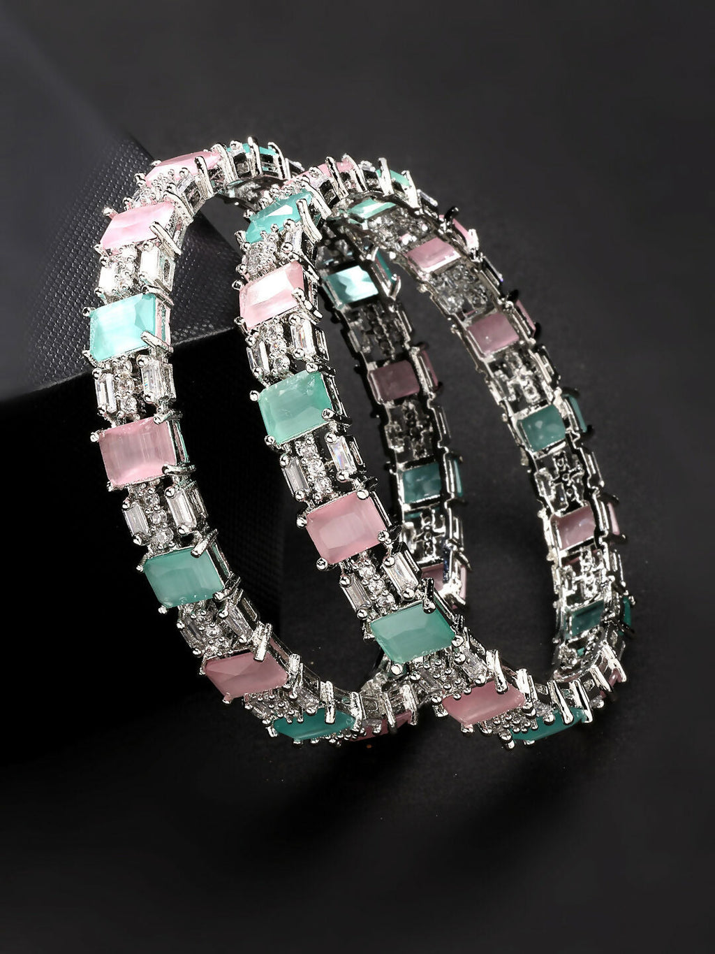 NVR Women's Set of 2 Multi-Coloured CZ Stone-Studded Handcrafted Bangles