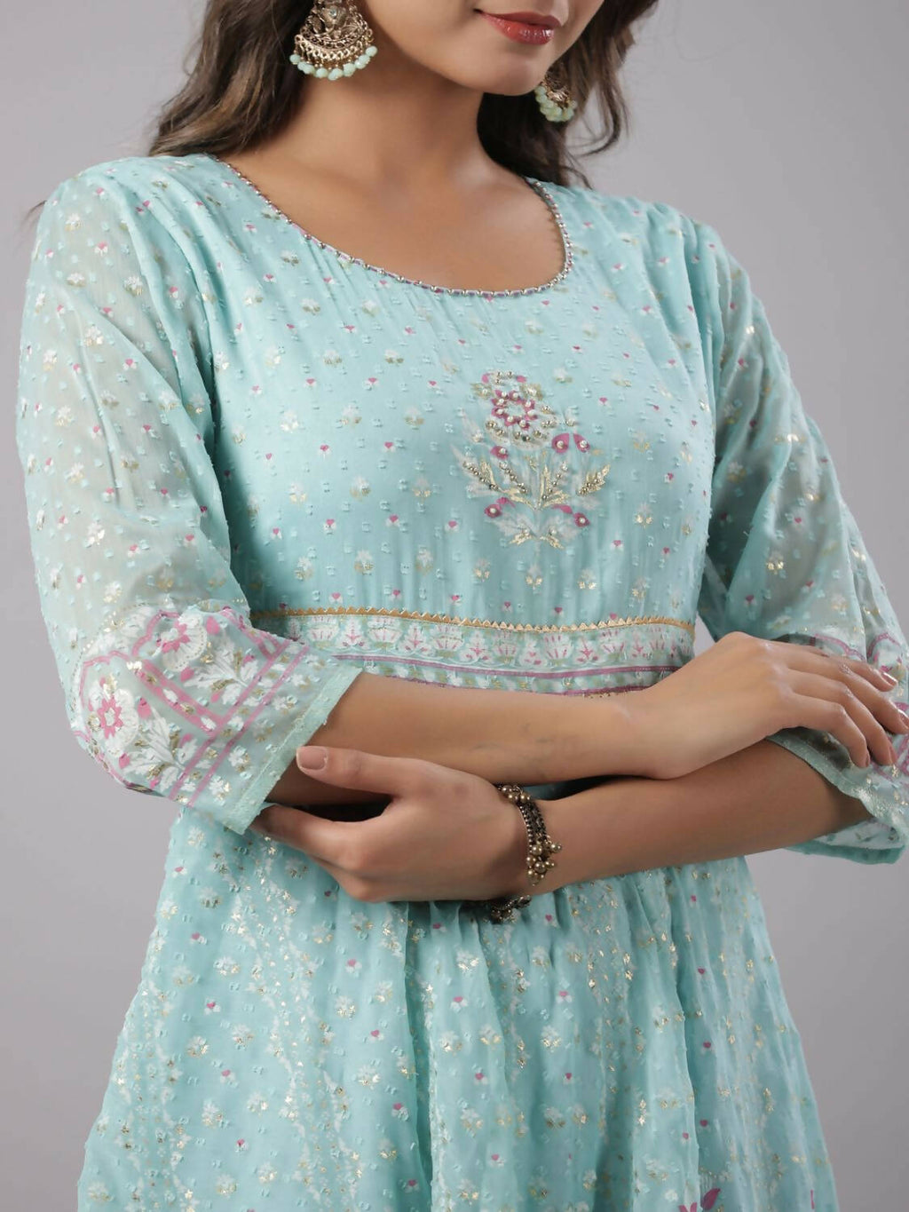 Juniper Women Sky Blue Chiffon Dobby Printed Maxi Dress