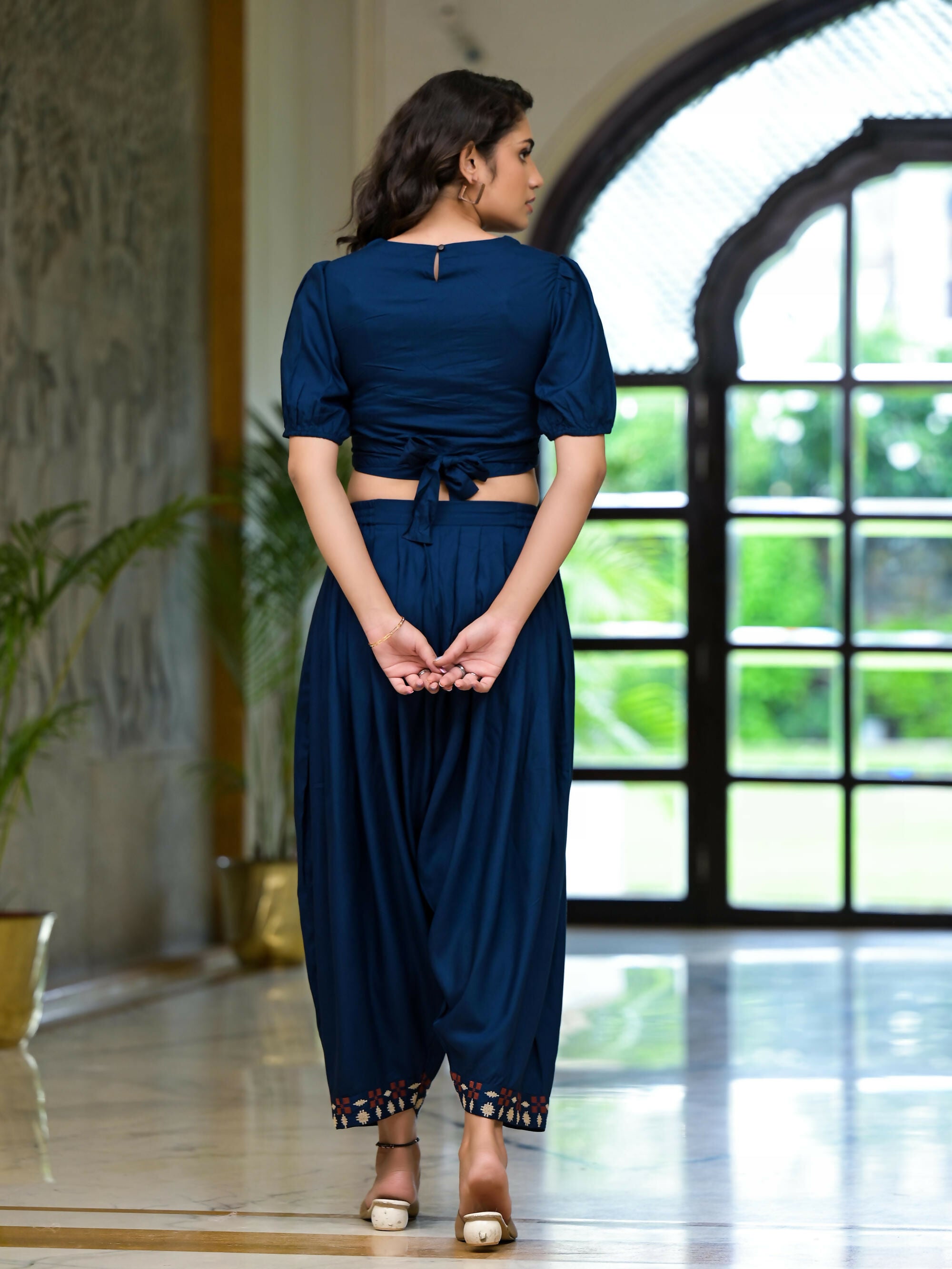 Juniper Women's Navy Thread Embroidered Rayon Top & Dhoti Pant Set