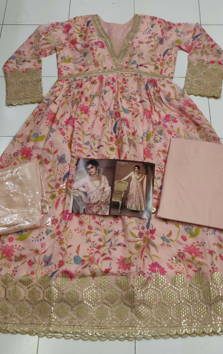 Vastranavya Peach Anarkali Suit Set In Organza Silk Floral Printed & Foil Mirror Work