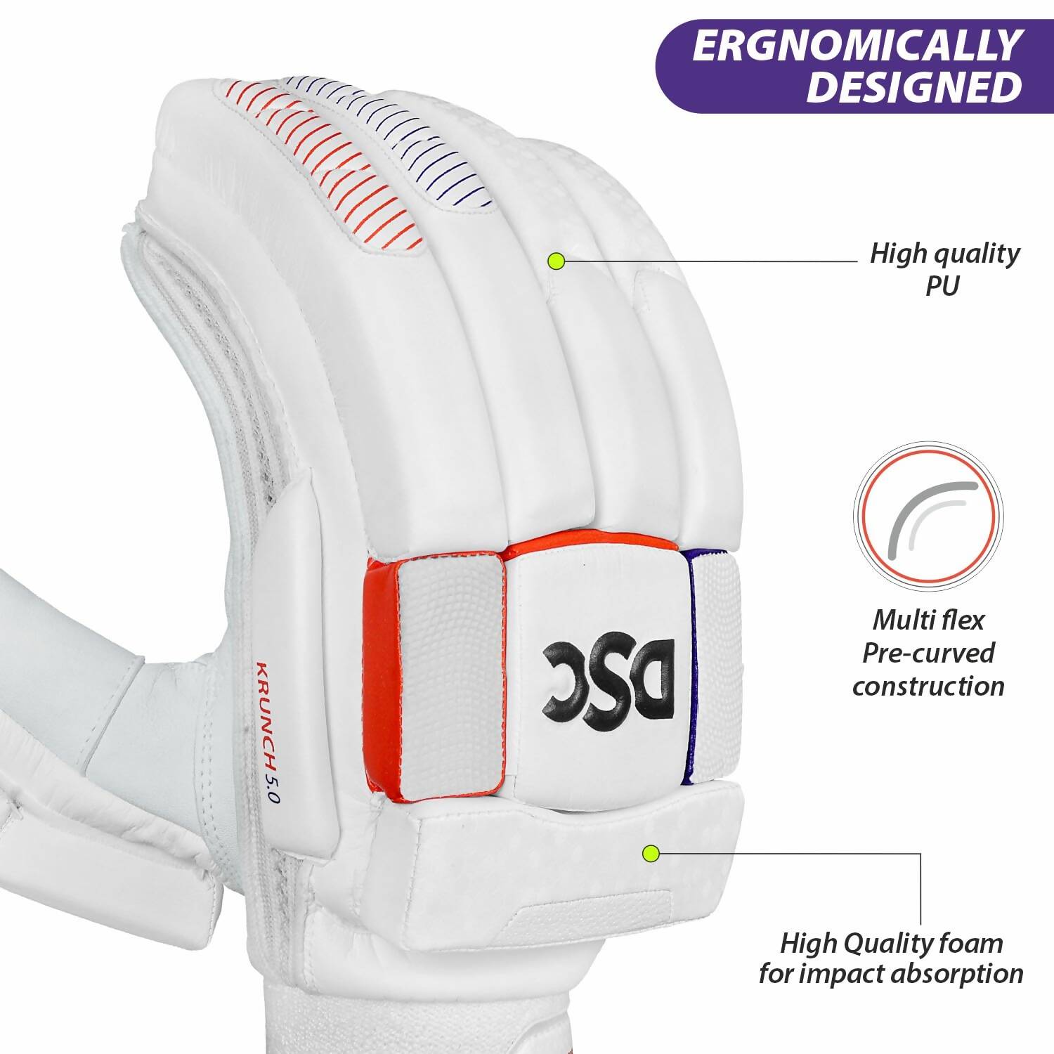 DSC Krunch 7.0 Men's Leather Right Hand Cricket Batting Gloves - Size Small (White Orange)
