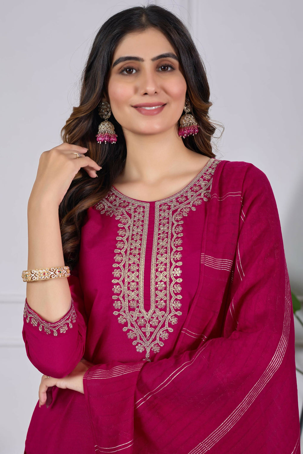 The52 Pink Women's Beautiful Embroidered Rayon Slub Fabric with Straight Kurta, Pant and Dupatta Set