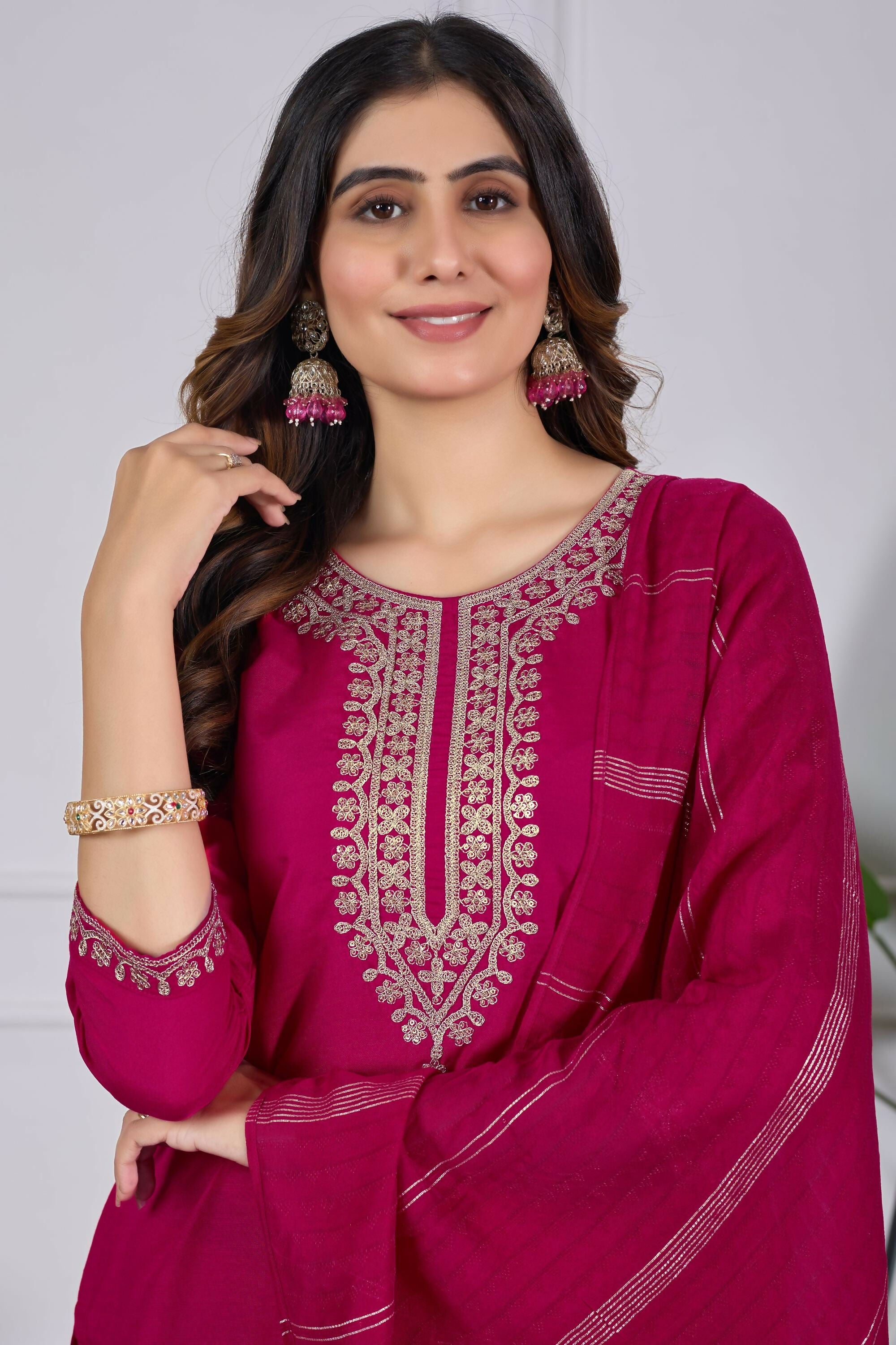 The52 Pink Women's Beautiful Embroidered Rayon Slub Fabric with Straight Kurta, Pant and Dupatta Set
