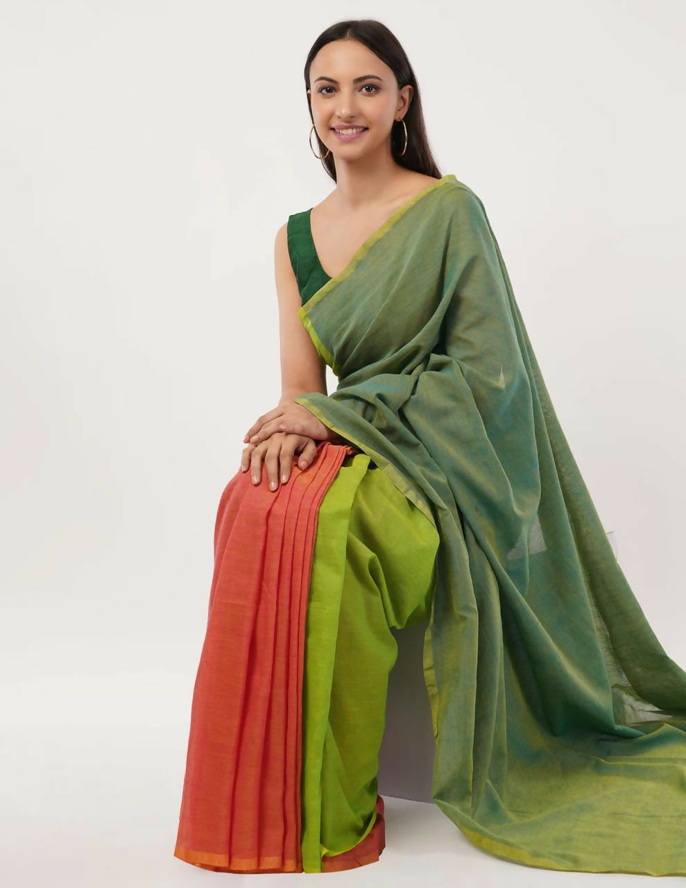 Exclusive Collection Beautiful Khadi Cotton Olive Green Orange Handloom Saree