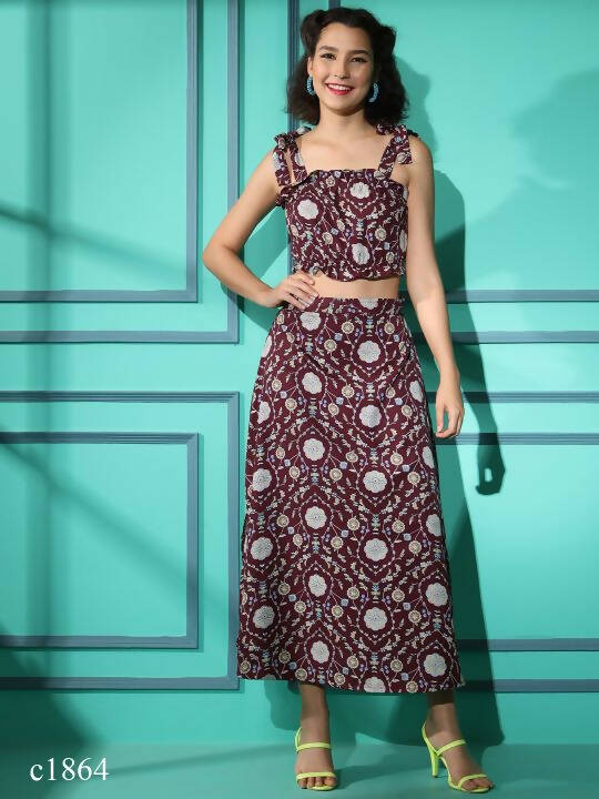 Wine Crepe Floral Printed Top with Matching Skirt - Shivani
