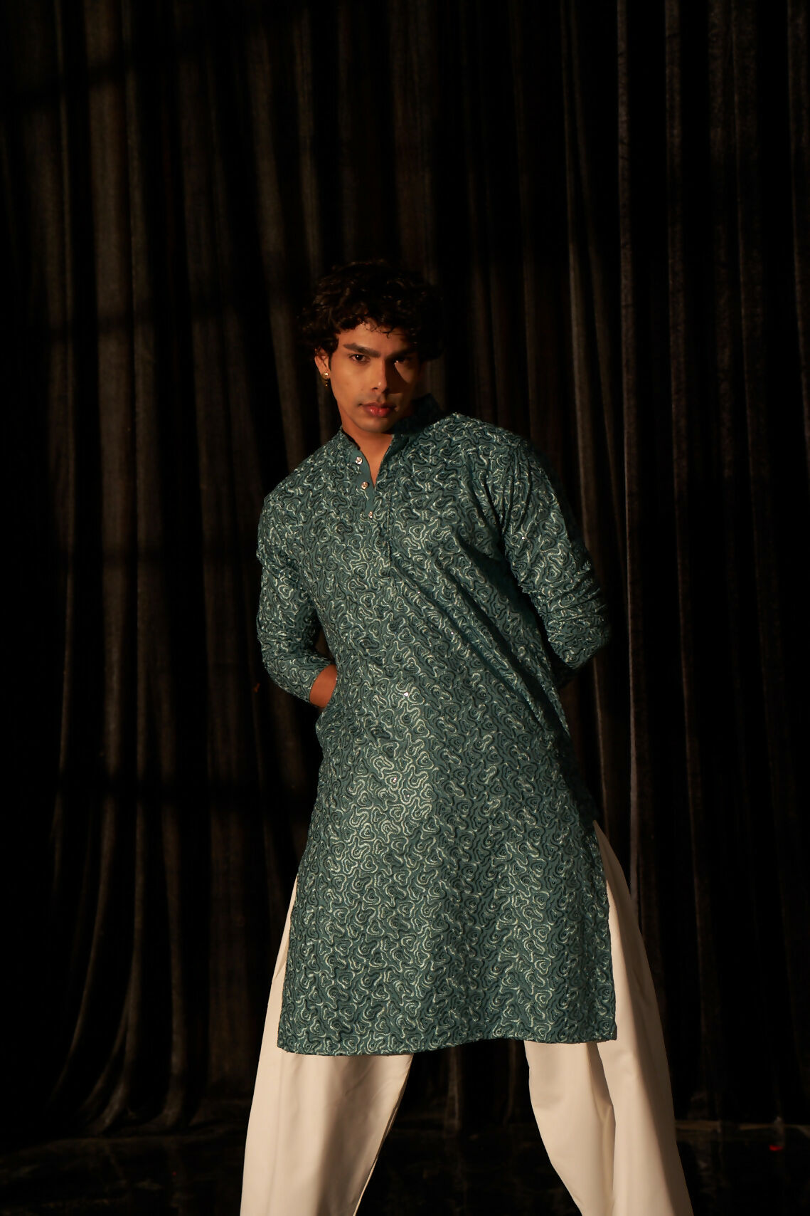 Cyan Blue Viscose Chikankari Embroidery Work Men's Kurta Set - Mahotsav