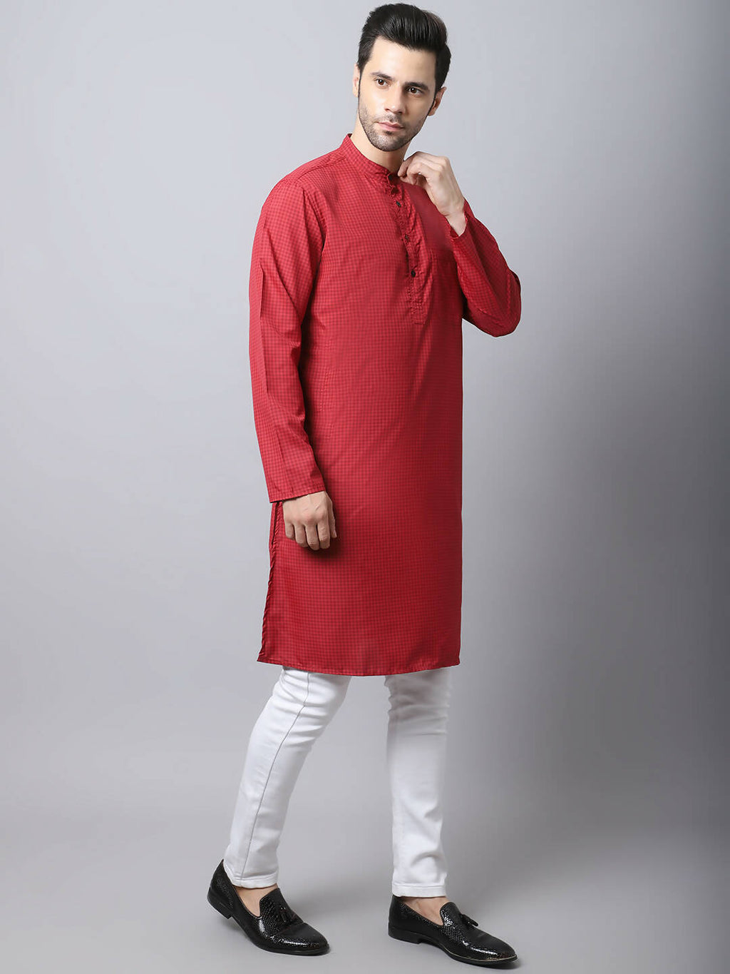 Even Apparels Maroon Cotton Checked Men's Kurta With Band Collar