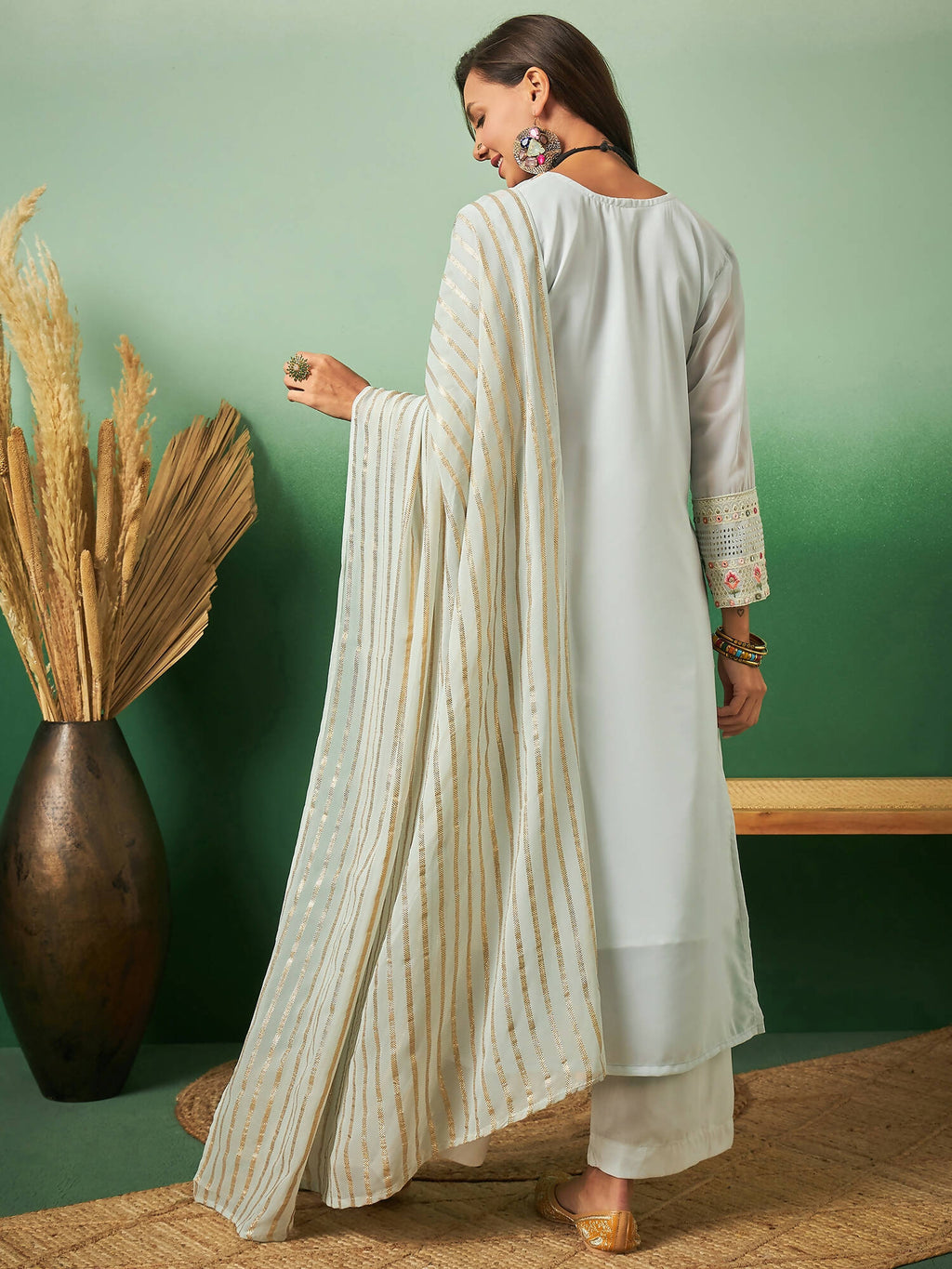 Light Blue Georgette Handwork Unstitched Dress Material - Hanika