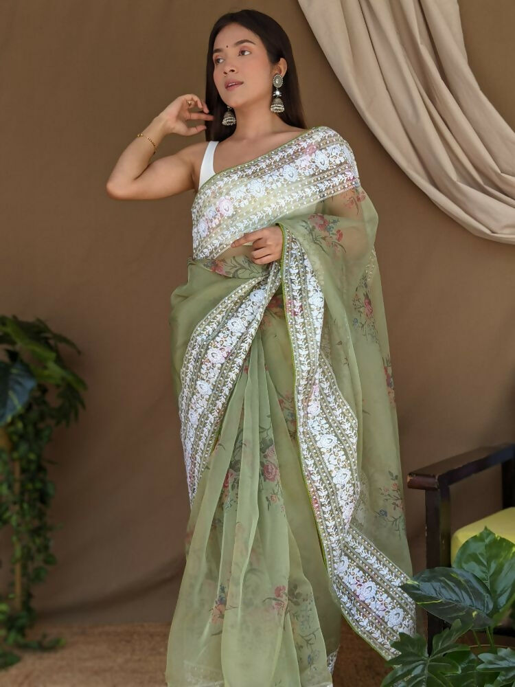 Vamsee White Border Green Organza Saree
