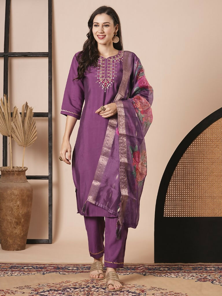 Purple Viscose Chanderi Embroidery Work Kurta Set - Riya