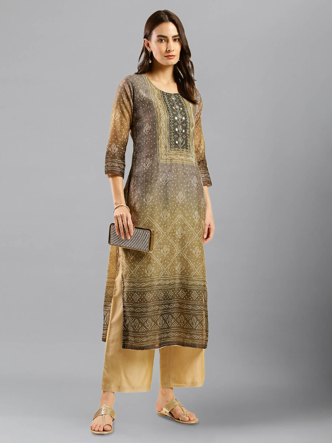 Brown Chinon Digital Printed With Hand Work Kurta - Himanshi