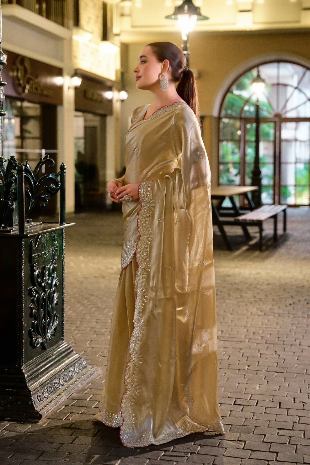 Vastranavya Beige Embroidery Work Shimmer Chiffon Saree with Unstitched Blouse