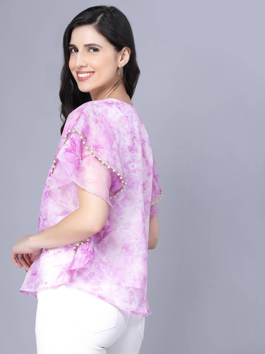 Myshka Organza Printed Short Sleeve Round Pink Women Top