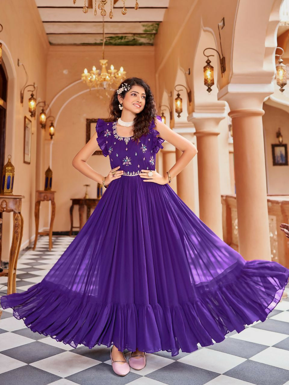 Joban Fashion Purple Readymade Dress With Sequins embroidery Work