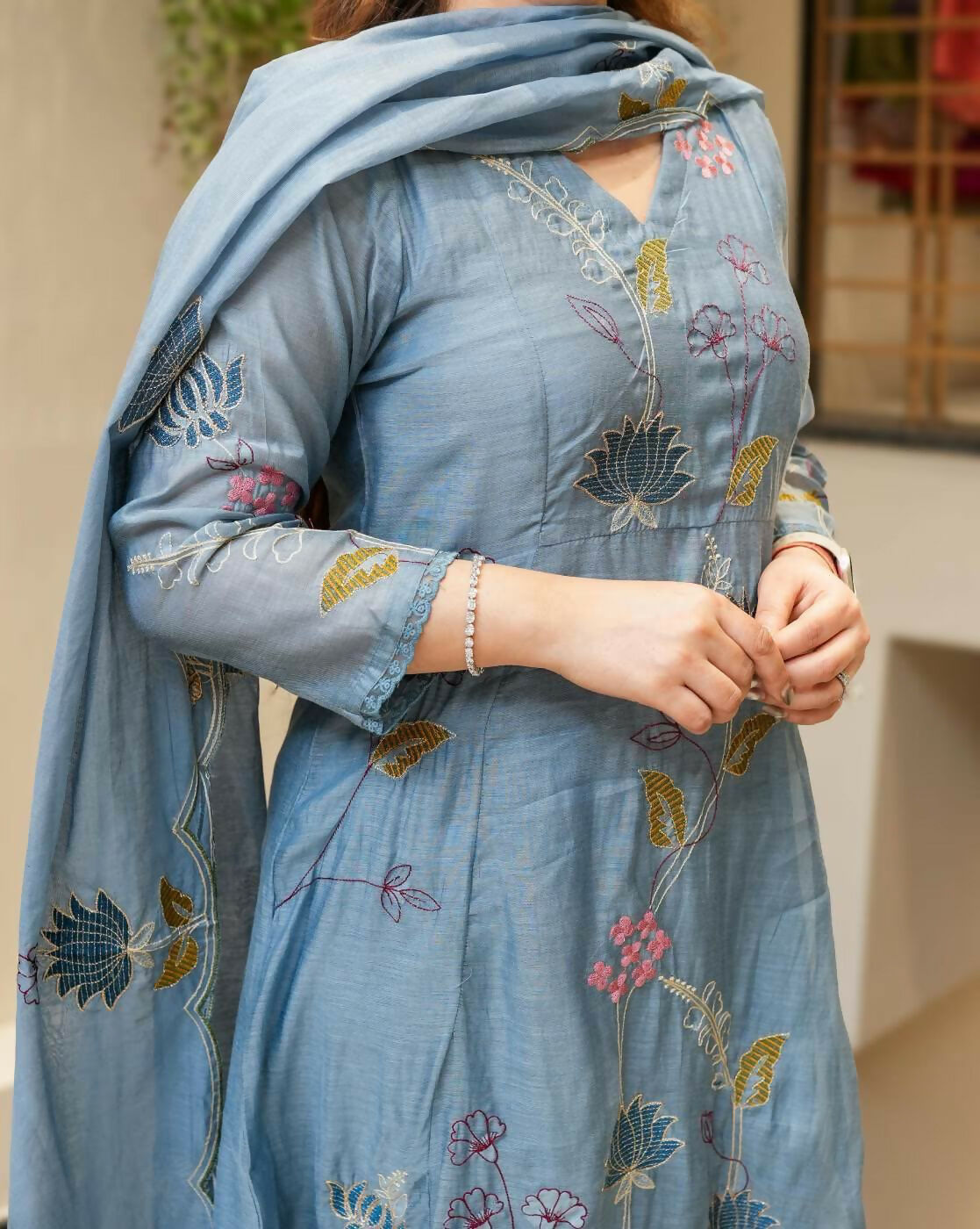 The52 Blue Women's Beautiful Cotton Fabric Thread Work Straight Kurta, Pant and Dupatta Set