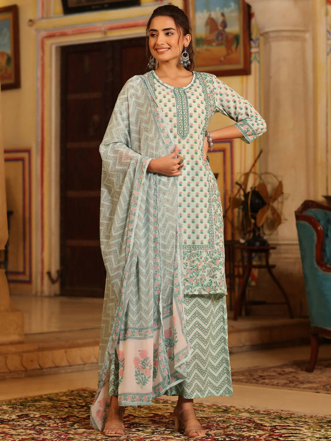 Juniper Women's Seagreen Cambric Floral Printed Kurta Palazzo Set