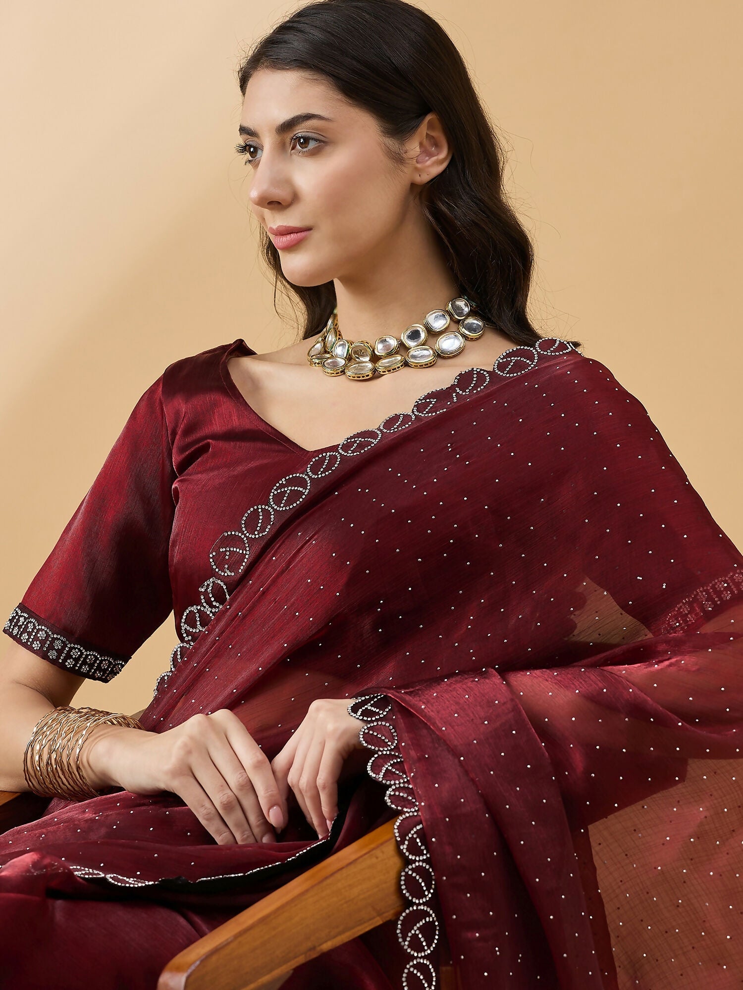 Brown Organza Swaroski Diamond Work Saree with Unstitched Blouse - Radha