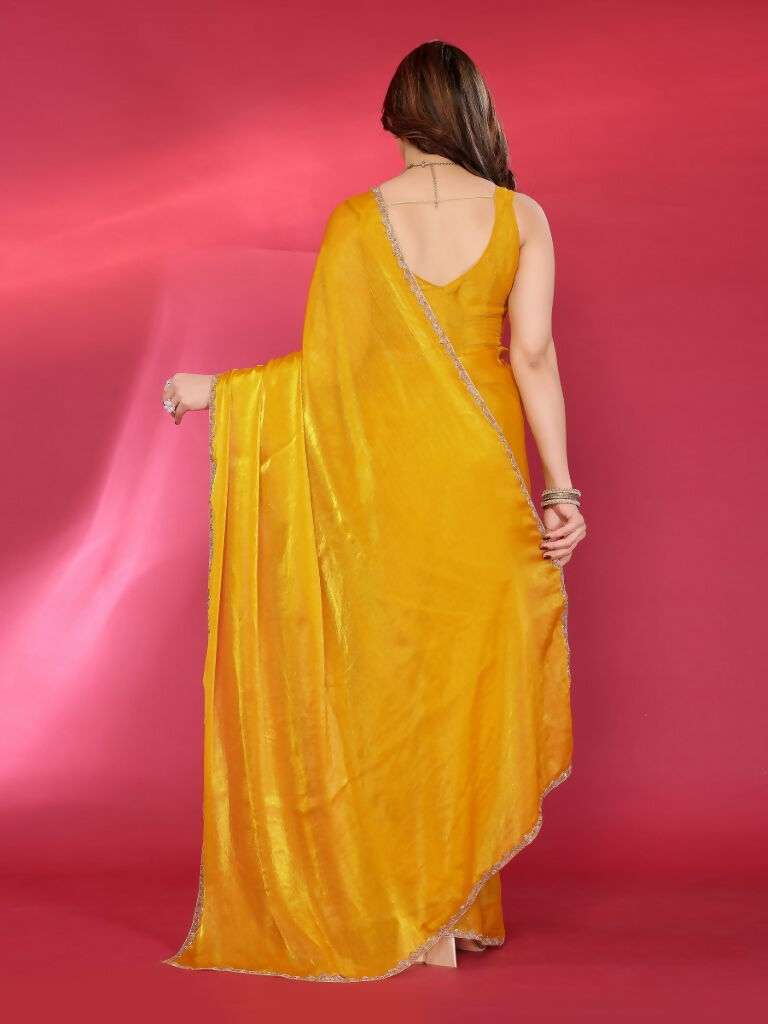 PR Fashion Yellow Jimmy Choo Fabric Palin With Work Lace Saree