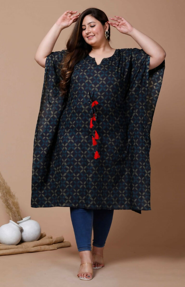 Miravan Women's Plus Size Navy Blue Printed Flared Sleeves Kaftan